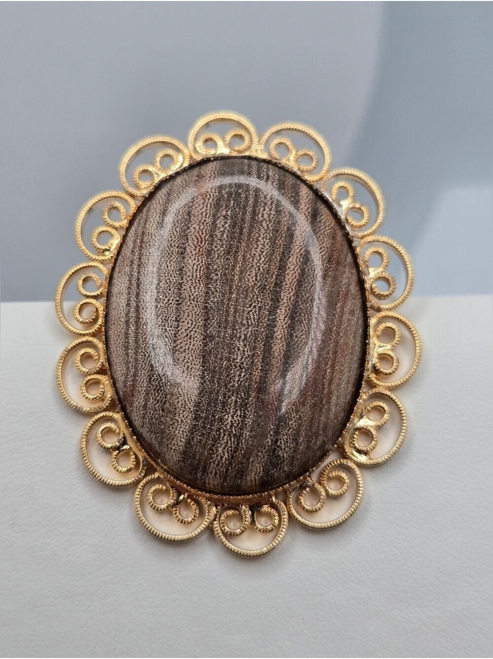 Vintage Victorian Style Filigree Brooch Brown Cabochon Gold Tone 2"